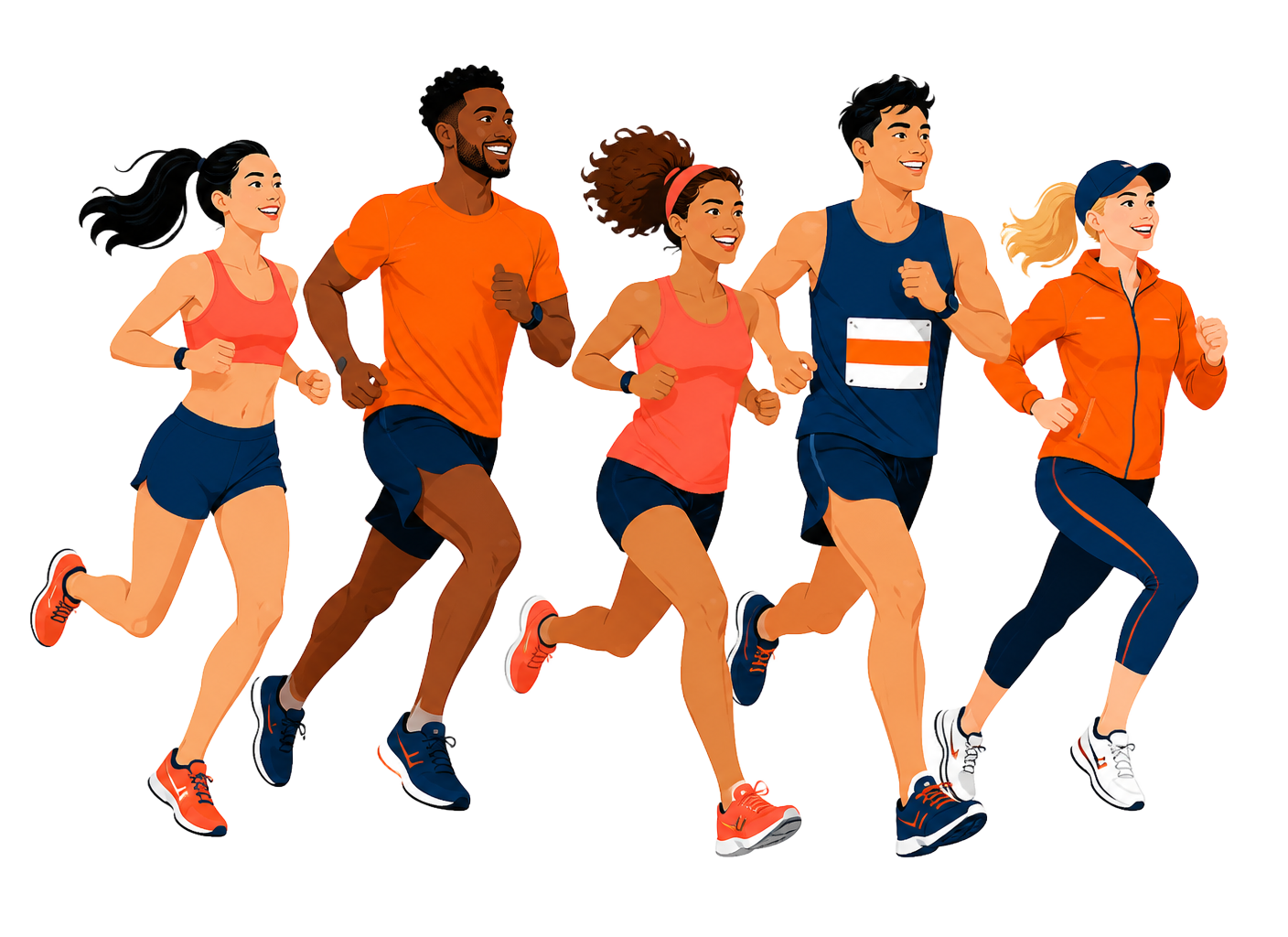Illustratie van een groep vrolijke hardlopers in oranje en donkerblauwe loopkleding